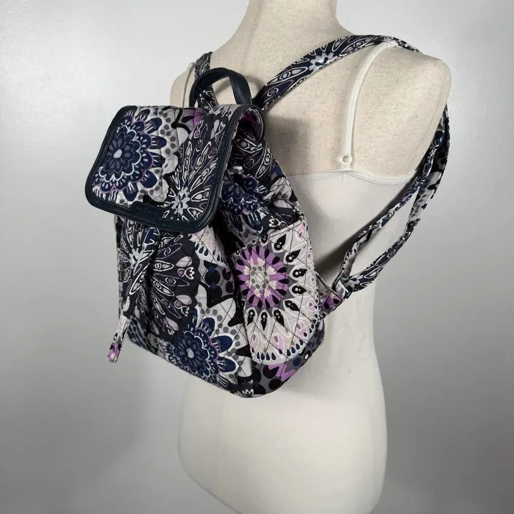 Vera Bradley Small Quilted Backpack Purple Navy Floral Drawstring Flap Bag Boho